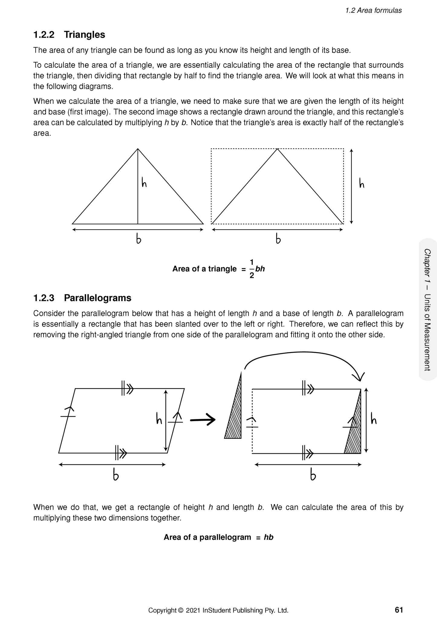 Year 9 Maths Course Notes page by ATAR Notes illustrating triangle and parallelogram area formulas with diagrams.