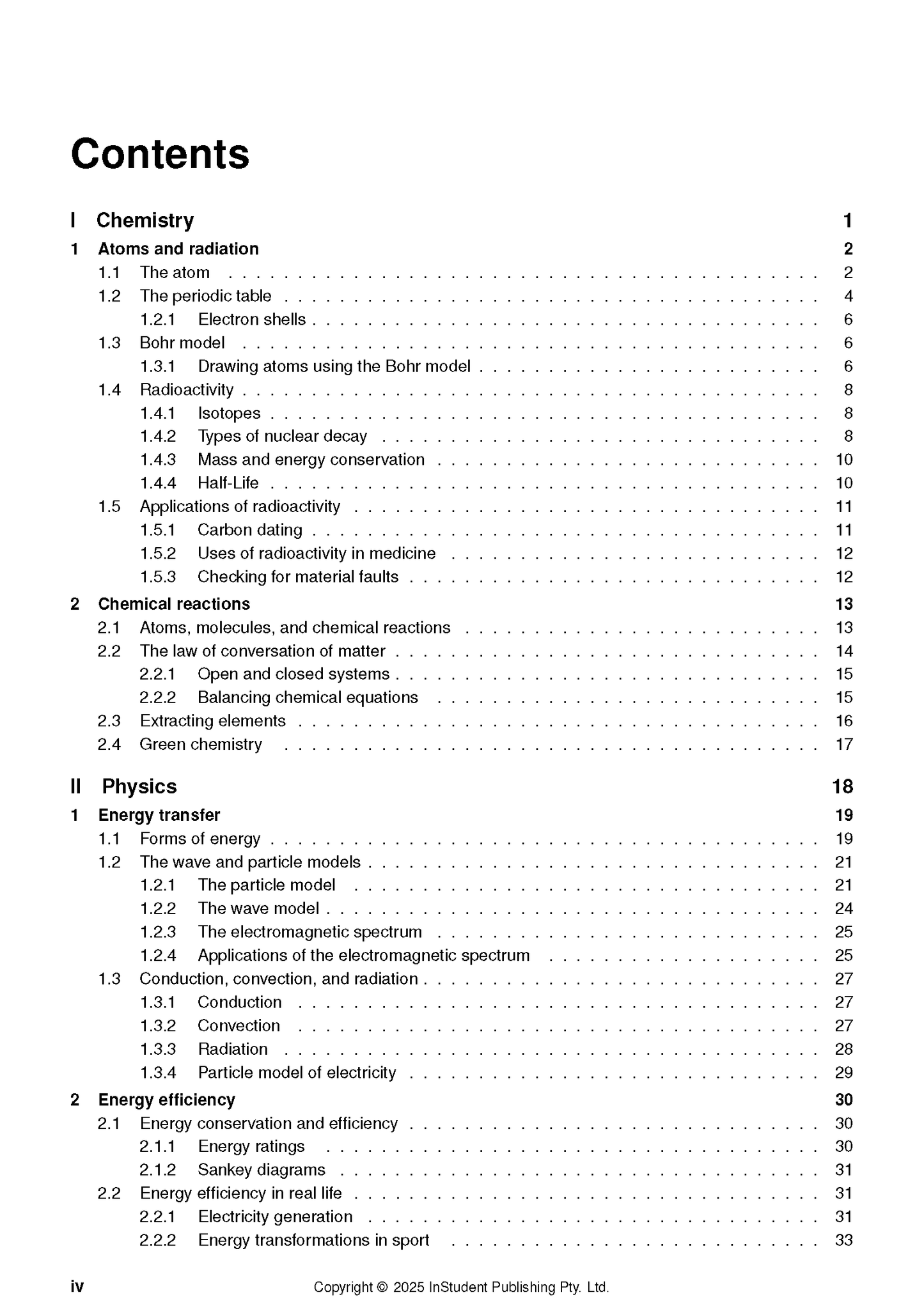 Course notes by ATAR Notes displaying a table of contents for Chemistry and Physics topics with corresponding page numbers.