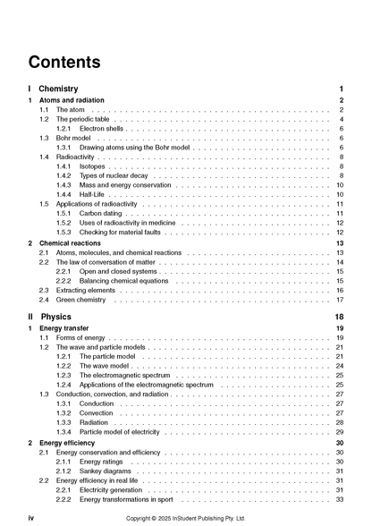 Course notes by ATAR Notes displaying a table of contents for Chemistry and Physics topics with corresponding page numbers.