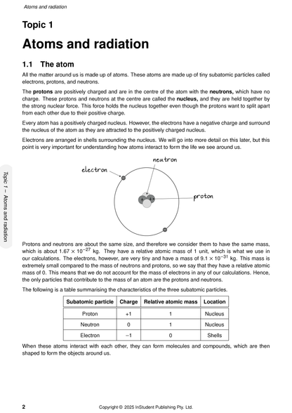 Year 9 Science Complete Course Notes by ATAR Notes, open to a page on atoms and radiation, showing an atomic diagram and table.