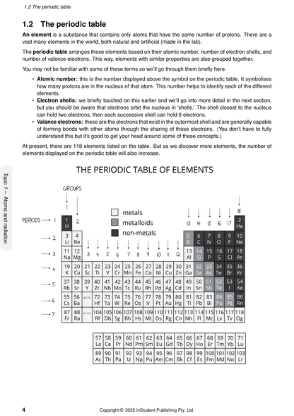 Year 9 Science Course Notes page by ATAR Notes, featuring an explanation of the periodic table with element groups and periods labeled.