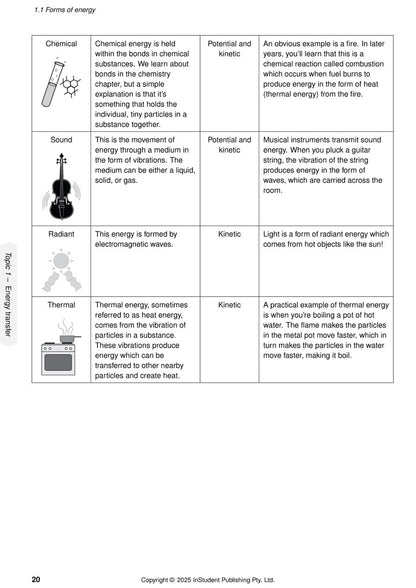 Year 9 Science Complete Course Notes by ATAR Notes, displaying a page detailing forms of energy with illustrations.