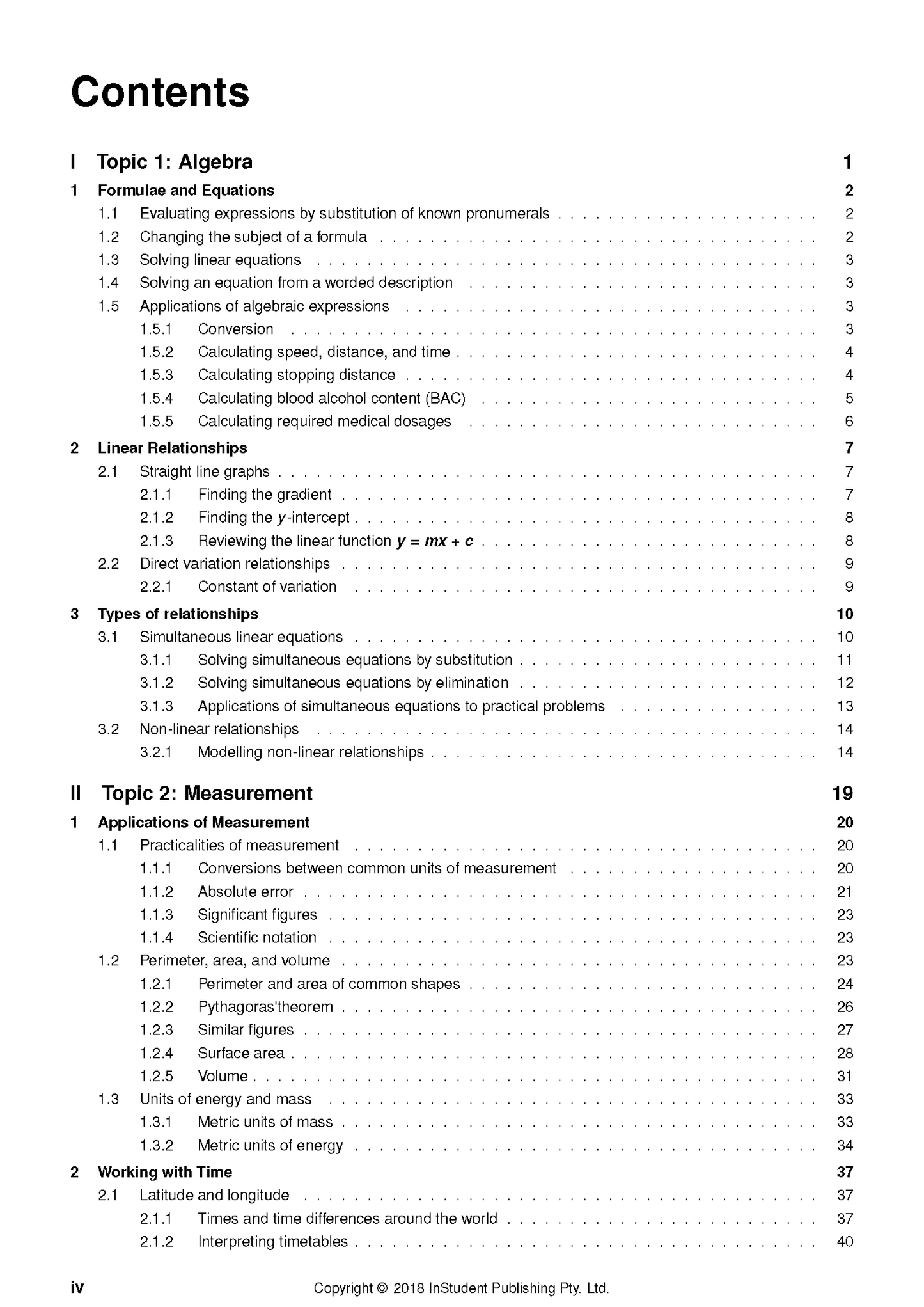 Mathematics Course Notes by ATAR Notes, displaying the table of contents for Algebra and Measurement sections.