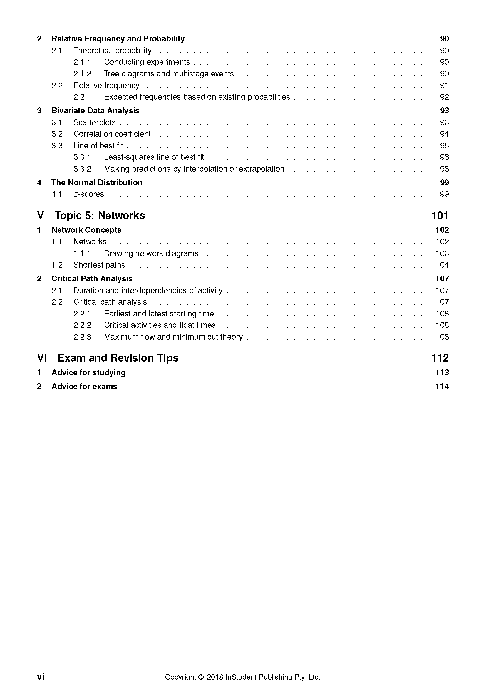 Complete Course Notes by ATAR Notes, showing a table of contents page with mathematical topics, page numbers, and copyright 2018.