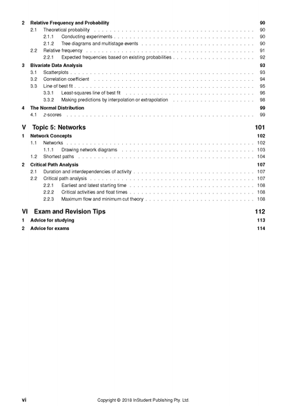 Complete Course Notes by ATAR Notes, showing a table of contents page with mathematical topics, page numbers, and copyright 2018.