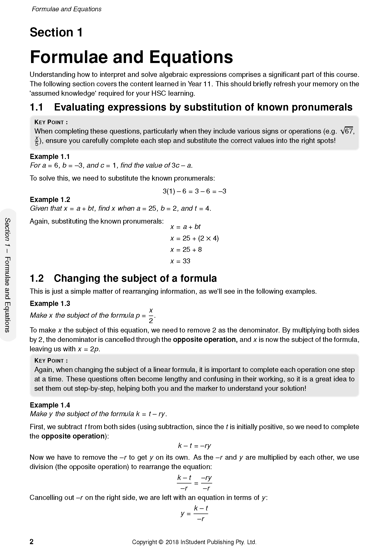 HSC Year 12 Mathematics Standard 2 Complete Course Notes by ATAR Notes, displaying a page from the 'Formulae and Equations' section with examples.