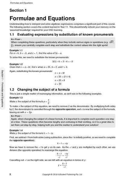 HSC Year 12 Mathematics Standard 2 Complete Course Notes by ATAR Notes, displaying a page from the 'Formulae and Equations' section with examples.