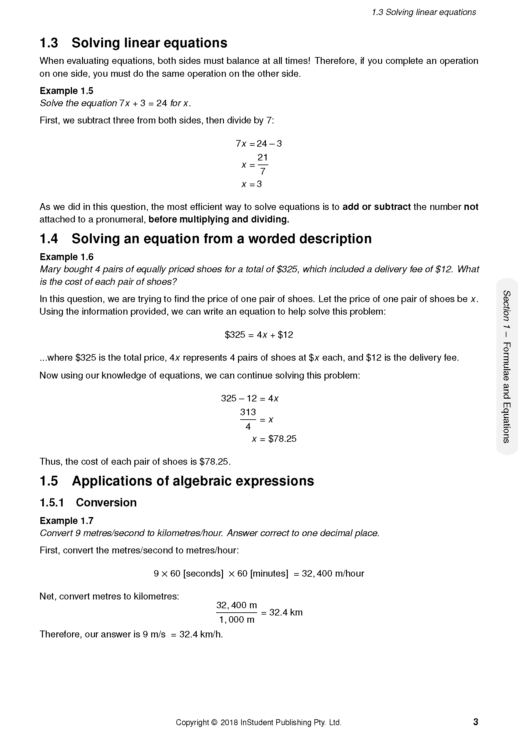 A page from mathematics course notes by ATAR Notes, displaying linear equations and conversions in black text on white.