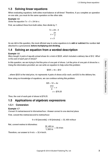 A page from mathematics course notes by ATAR Notes, displaying linear equations and conversions in black text on white.