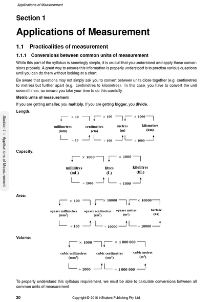 Course notes by ATAR Notes displaying diagrams for metric unit conversions of length, capacity, area, and volume on a white page.
