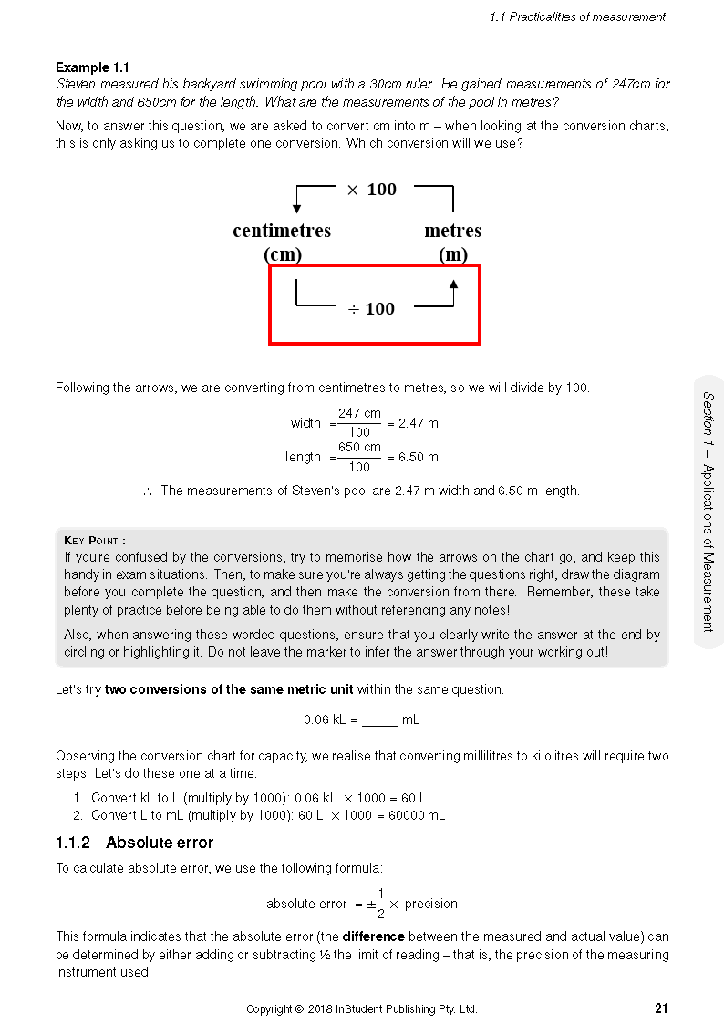 Complete Course Notes for Mathematics Standard 2 by ATAR Notes, displaying a white page with a red-boxed metric conversion diagram, equations, and explanatory text.