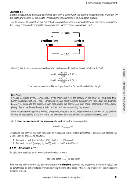 Complete Course Notes for Mathematics Standard 2 by ATAR Notes, displaying a white page with a red-boxed metric conversion diagram, equations, and explanatory text.