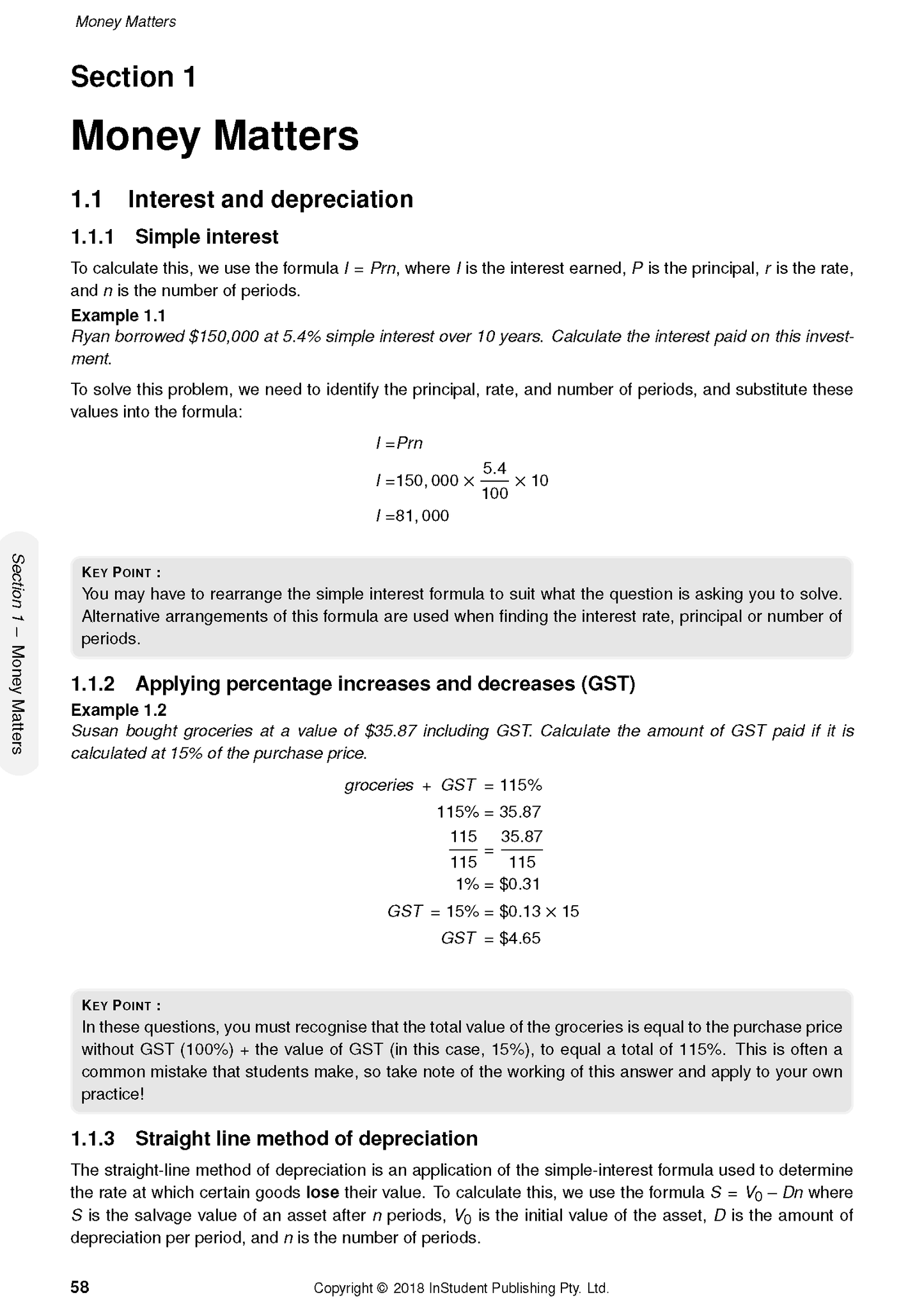 Course Notes page by ATAR Notes showing calculations and text from the "Money Matters" section.