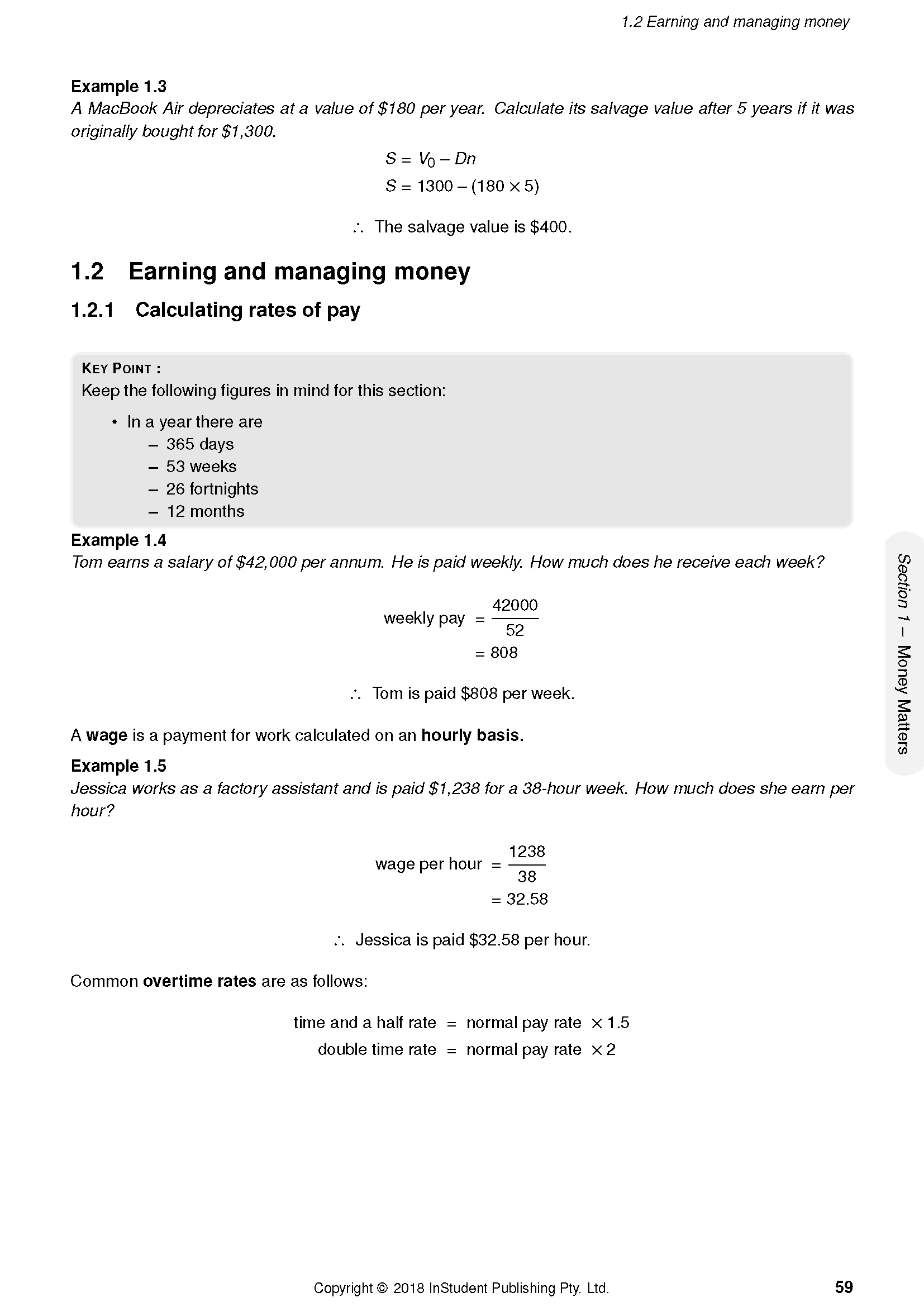 Course notes page by ATAR Notes displaying mathematical examples for earning and managing money with calculations.