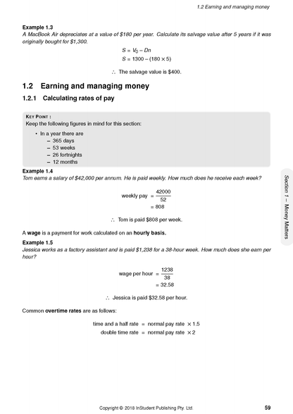 Course notes page by ATAR Notes displaying mathematical examples for earning and managing money with calculations.