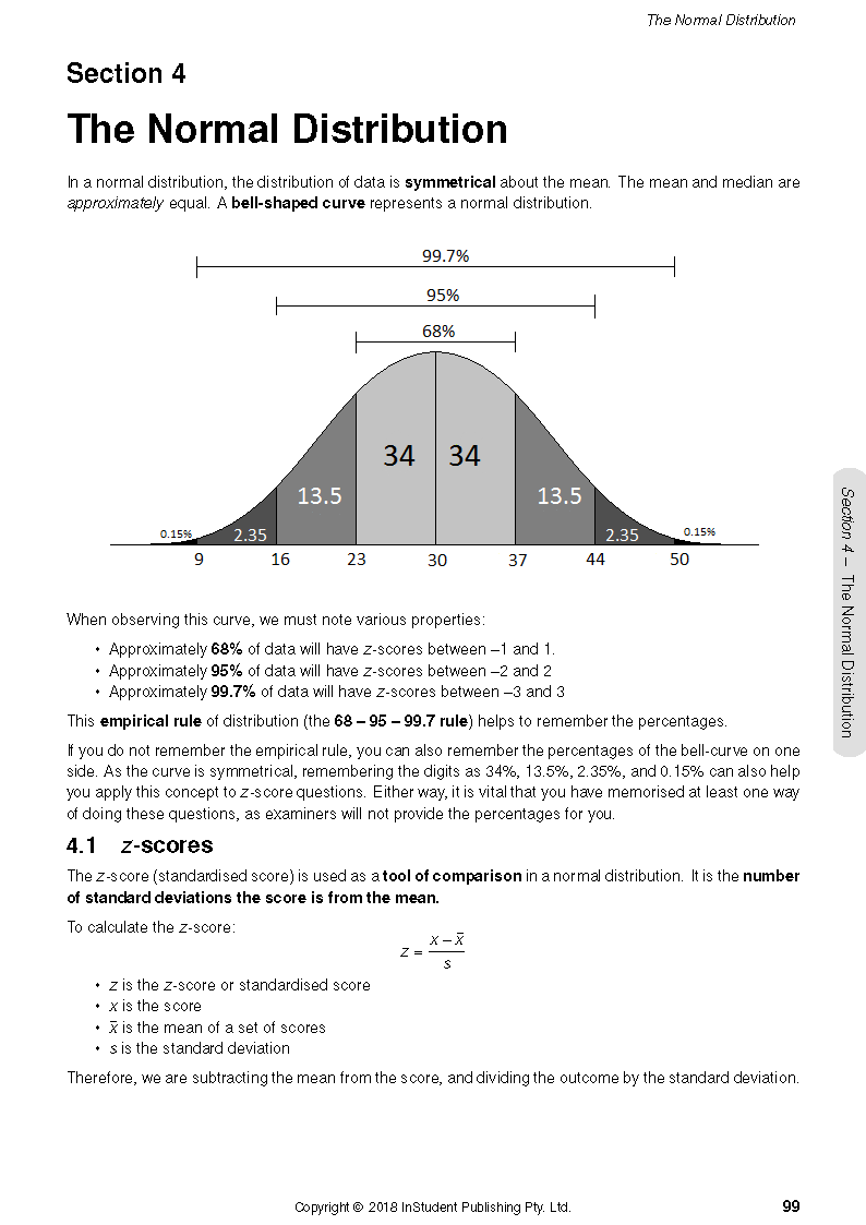 Course notes by ATAR Notes, a white page displaying a normal distribution bell curve diagram and z-score formula.