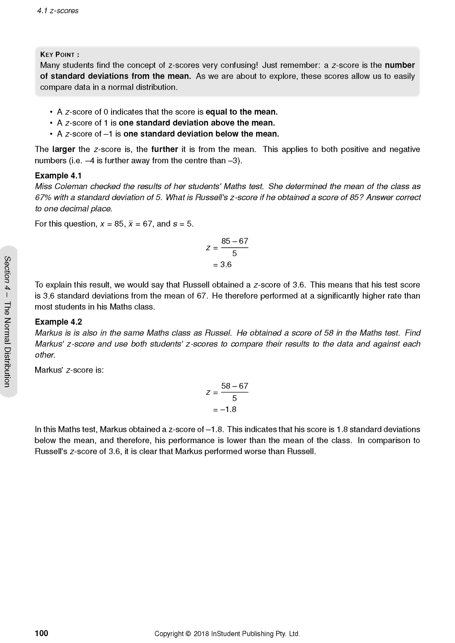 HSC Year 12 Mathematics Standard 2 Complete Course Notes by ATAR Notes, open to a white page displaying black text, z-score formulas, and examples.