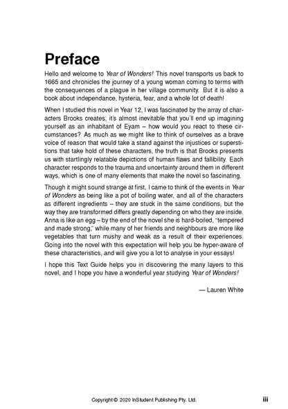 Text Guide page from InStudent Publishing showing the 'Preface' section about Year of Wonders with an introductory message and dense paragraphs of text, marked with page 'iii'.