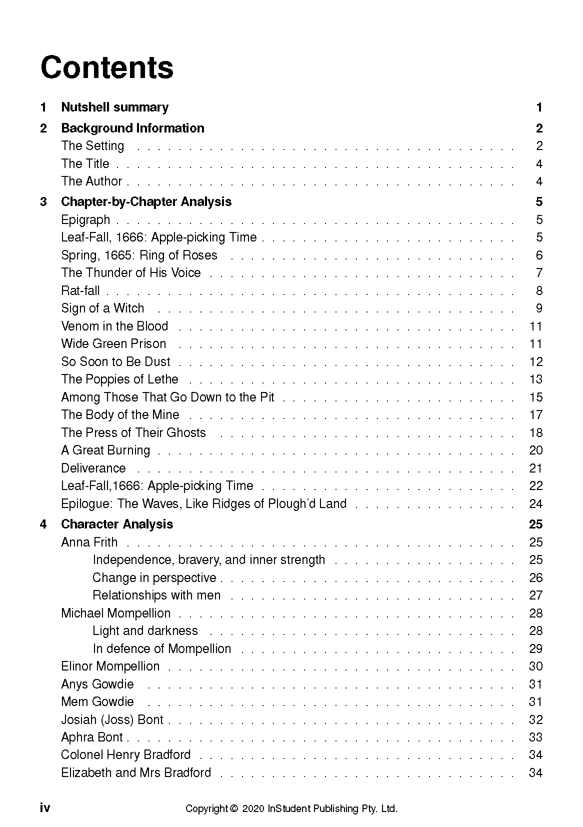 White text guide by InStudent Publishing, showing the 'Contents' page with analysis sections and page numbers.
