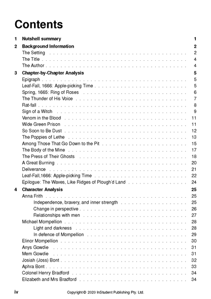White text guide by InStudent Publishing, showing the 'Contents' page with analysis sections and page numbers.