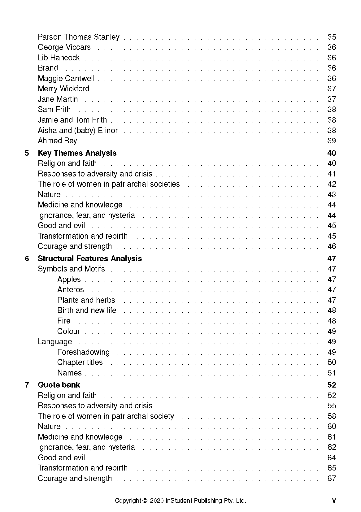 Text Guide displaying a detailed table of contents by InStudent Publishing Pty. Ltd., listing sections and corresponding page numbers from 35 to 67.