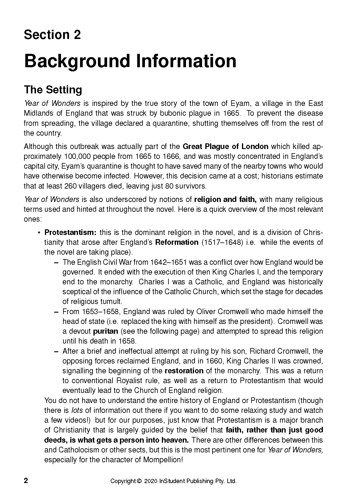 White page text guide by InStudent Publishing Pty. Ltd. with "Section 2 Background Information" about historical context for a novel.