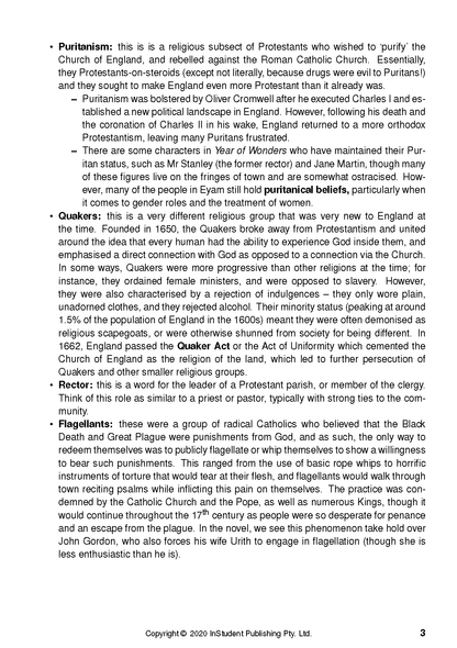 Text guide page from InStudent Publishing Pty. Ltd. with black text on a white background, detailing religious groups like Puritans and Quakers.