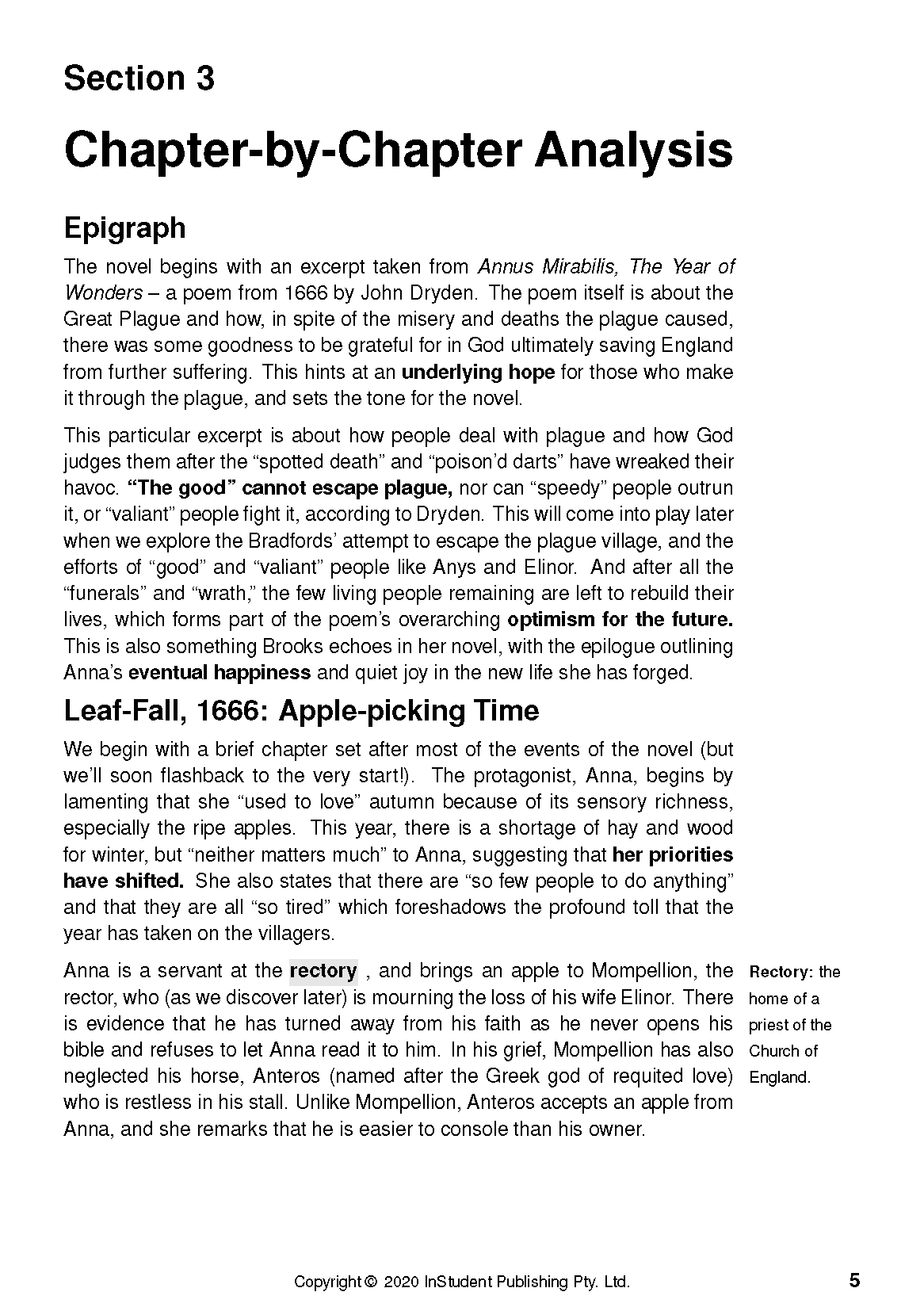 Text Guide for Year of Wonders by Geraldine Brooks by InStudent Publishing Pty. Ltd., displaying a chapter analysis page with bold headings and text.