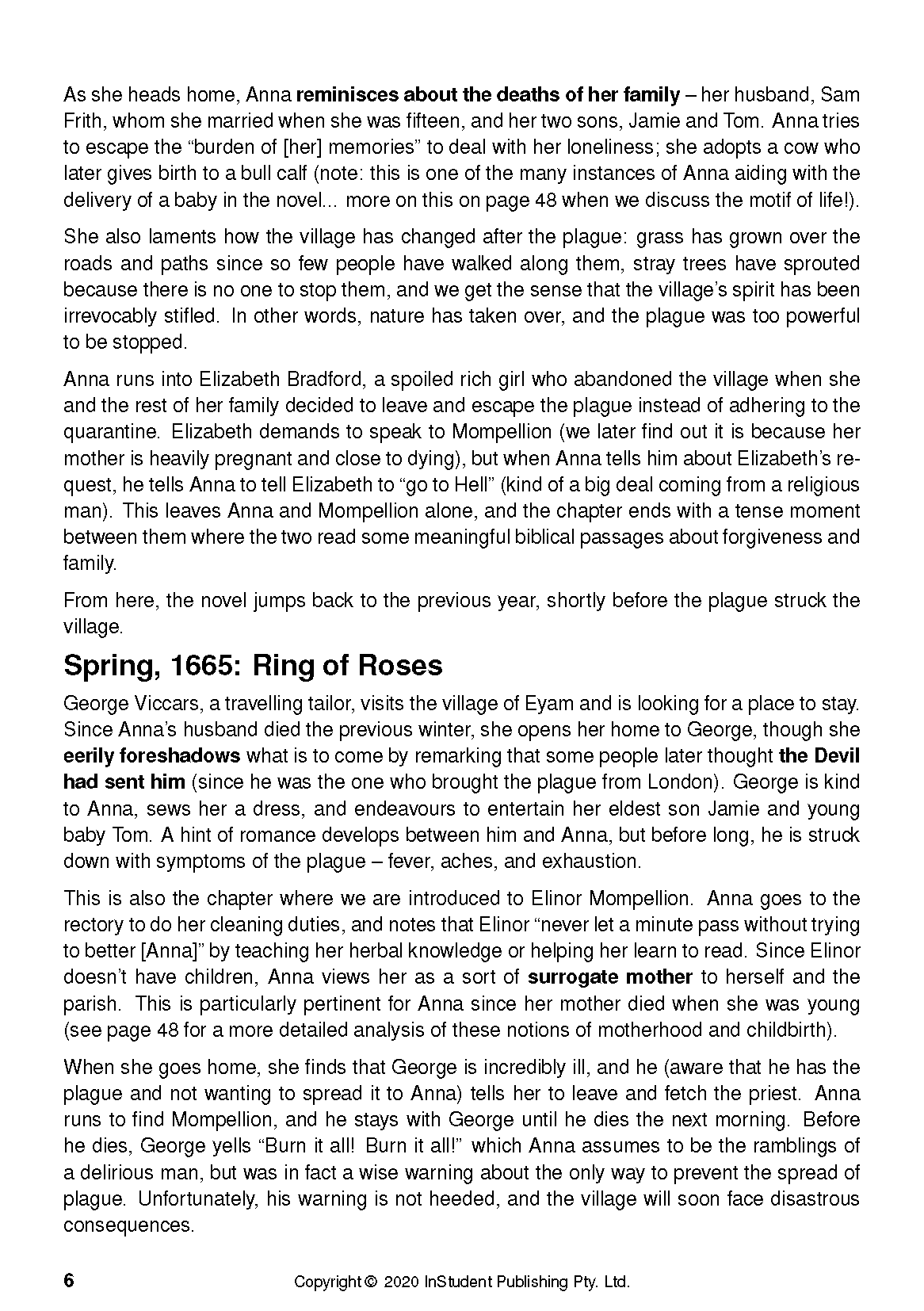White text guide page by InStudent Publishing Pty. Ltd. displaying analysis and narrative excerpts under the title 'Spring, 1665: Ring of Roses', with page number 6.