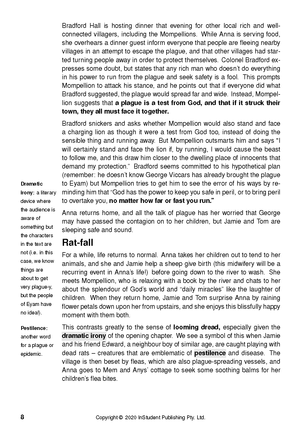 Text guide page by InStudent Publishing Pty. Ltd. featuring English text, character discussions, definitions, and page number 8.
