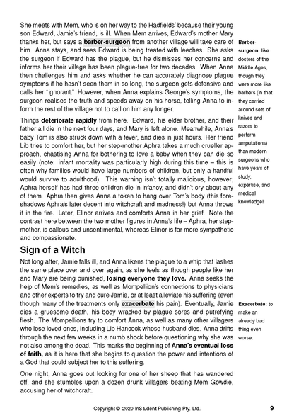 Text Guide for Year of Wonders by Geraldine Brooks, from InStudent Publishing Pty. Ltd., a white page with black text, displaying a chapter and definitions column.