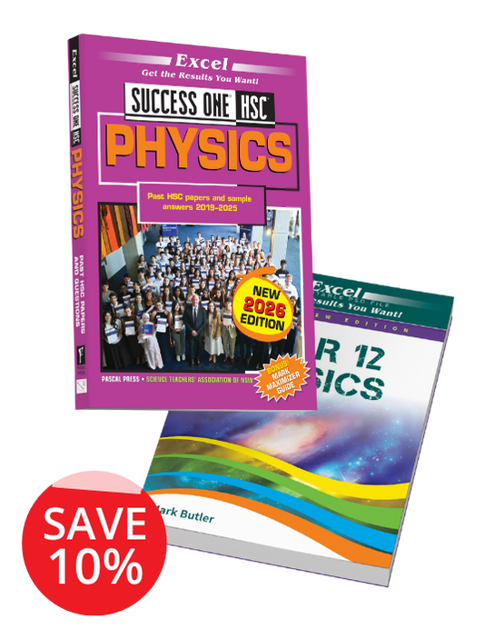 HSC Year 12 Physics book pack by Excel, including a purple 'Success One' 2026 Edition and a green book, with a red 'SAVE 10%' sticker.