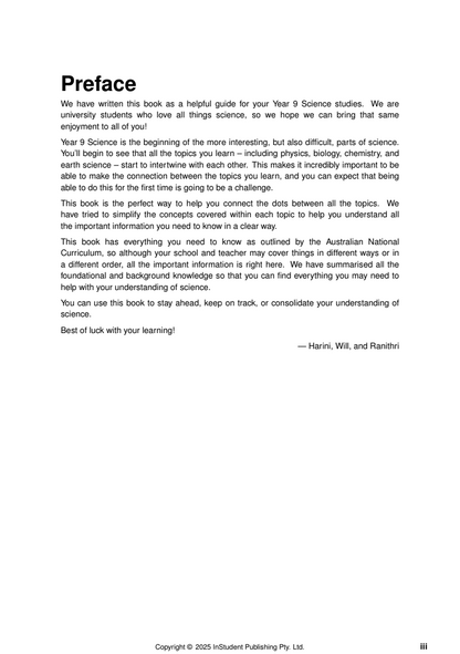 Year 9 Science Course Notes page by ATAR Notes, showing the preface with black text on white paper.