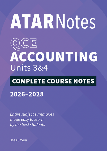 Complete Accounting Course Notes for QCE Units 3&4 by ATAR Notes, purple cover with white text, valid 2026-2028.