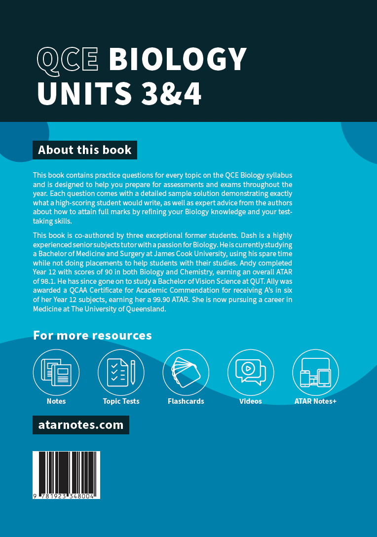 QCE Biology Units 3&4 Topic Tests study guide by ATAR Notes, with a blue and black cover and related resource icons.
