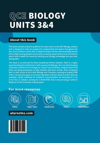 QCE Biology Units 3&4 Topic Tests study guide by ATAR Notes, with a blue and black cover and related resource icons.