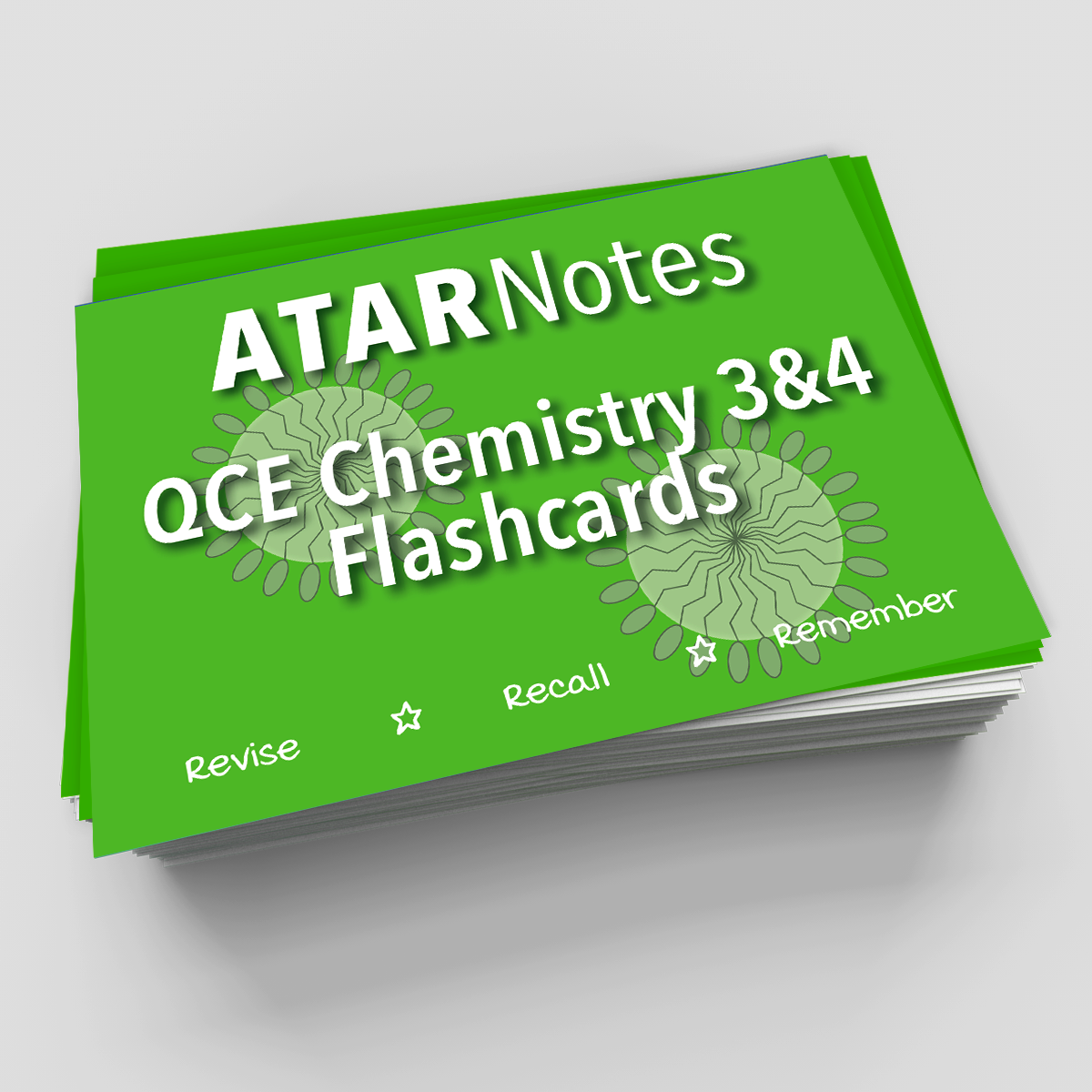 Green flashcards by ATAR Notes, stacked with "QCE Chemistry 3&4 Flashcards" text, molecular patterns, and stars.