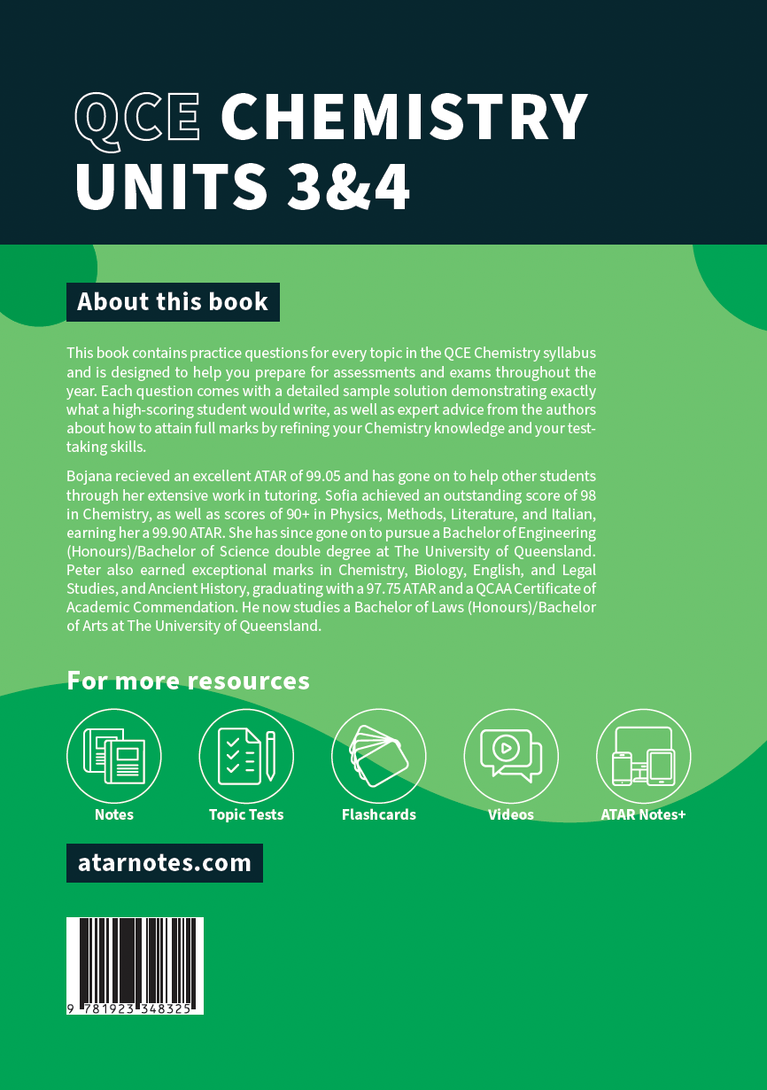 QCE Chemistry Topic Tests book cover by ATAR Notes, displaying "QCE CHEMISTRY UNITS 3&4" and resource icons on a green and dark teal background.
