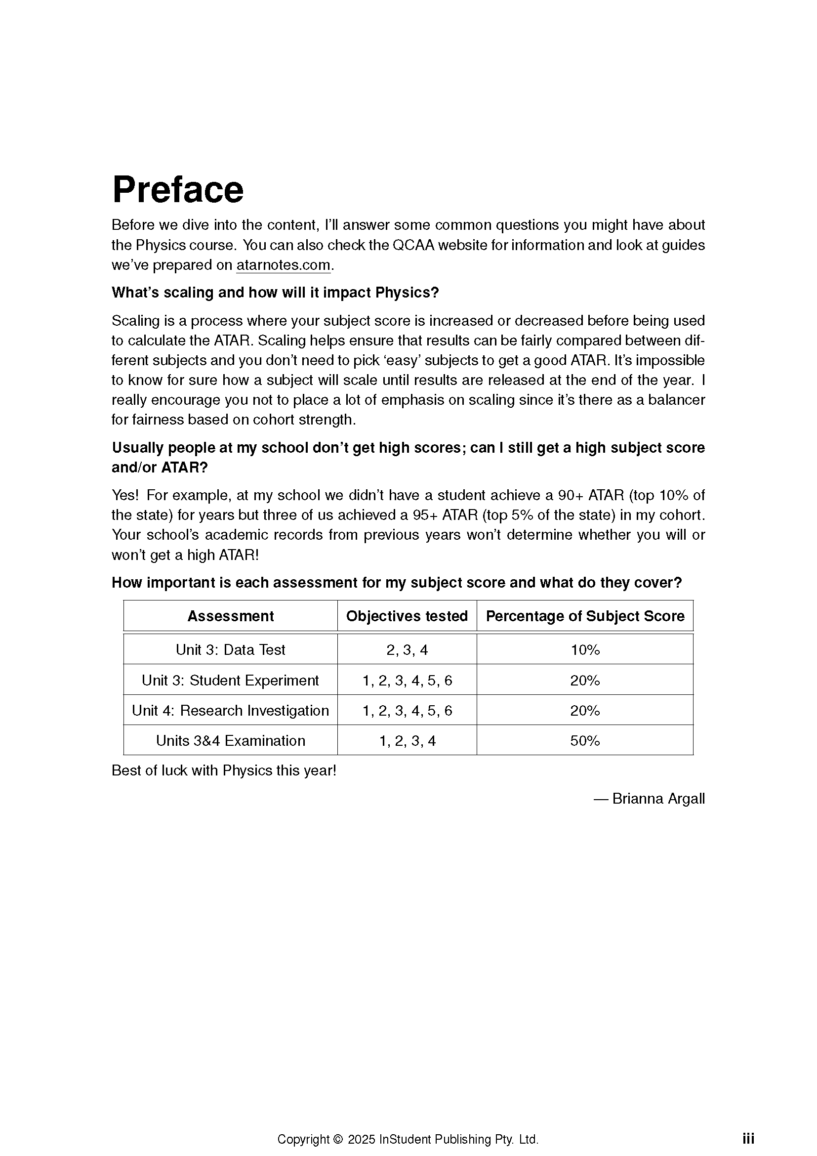 QCE Physics 3&4 Course Notes by ATAR Notes, a page showing the preface, text about scaling, and an assessment table.