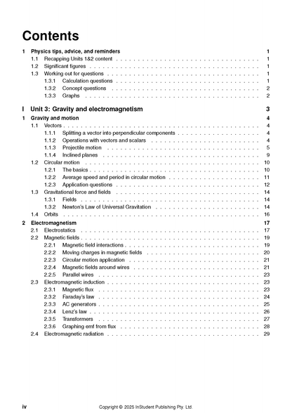 Physics Course Notes by ATAR Notes, displaying the table of contents with sections on Gravity and Electromagnetism.