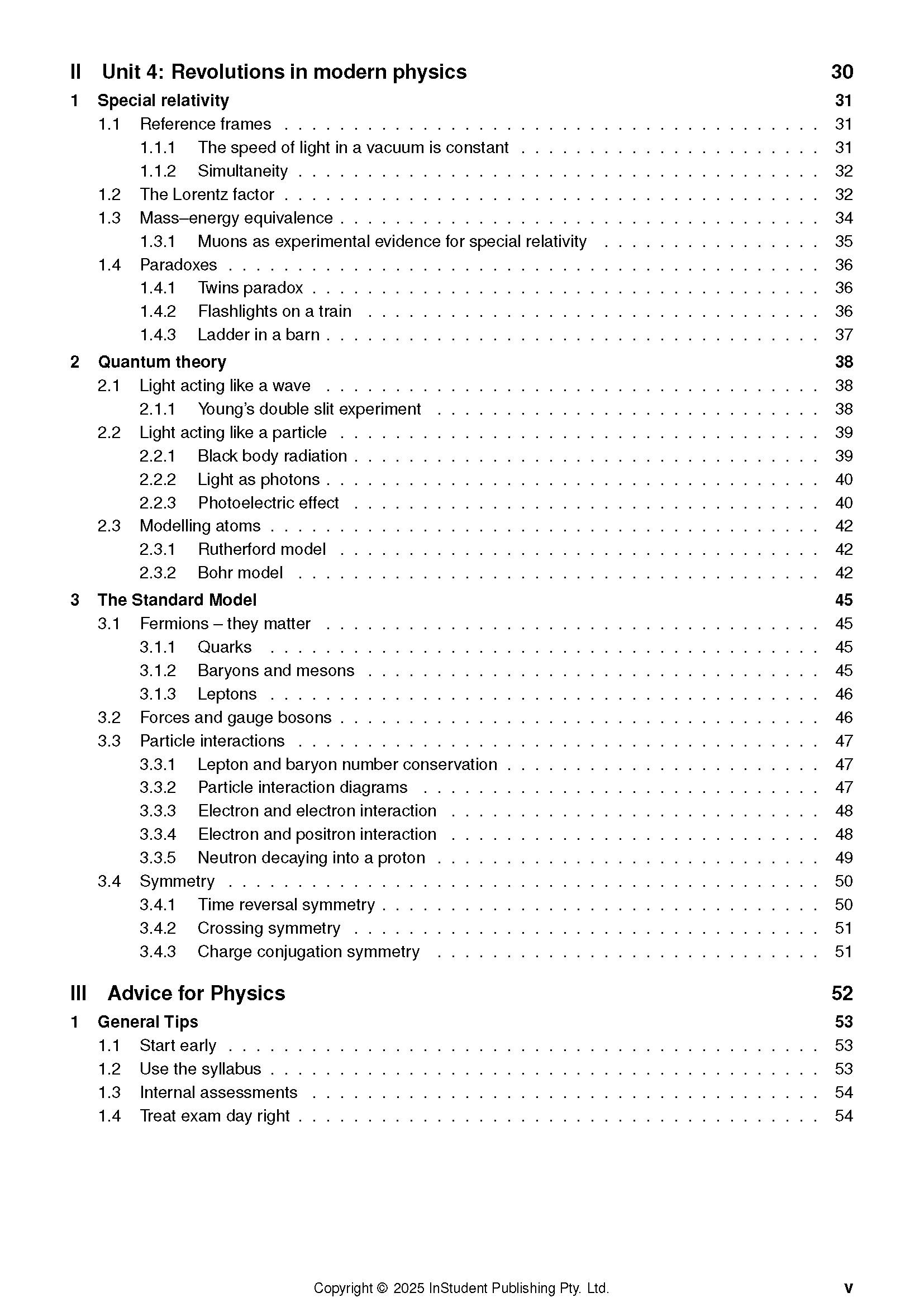 Physics Course Notes by ATAR Notes, showing a detailed table of contents with black text on a white page.