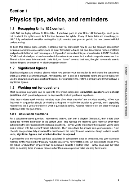QCE Physics Course Notes by ATAR Notes, displaying a white page with black text on "Physics tips, advice, and reminders" with section headings and examples.