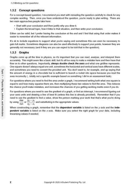 Physics course notes page by ATAR Notes, displaying text, headings "Concept questions" and "Graphs", and a gradient formula.