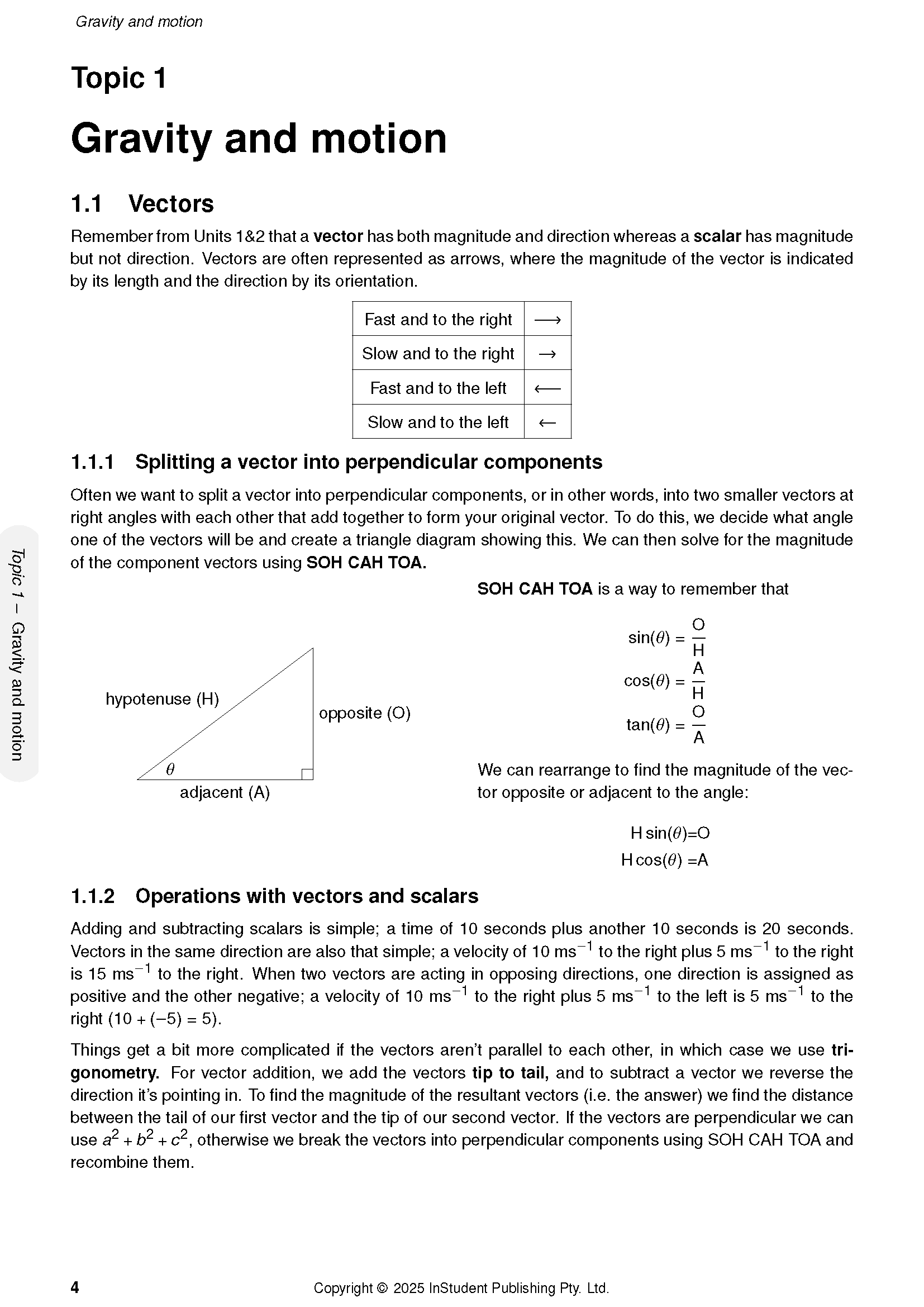 QCE Physics 3&4 Complete Course Notes by ATAR Notes, a page detailing vectors, gravity, motion, and trigonometry with diagrams.