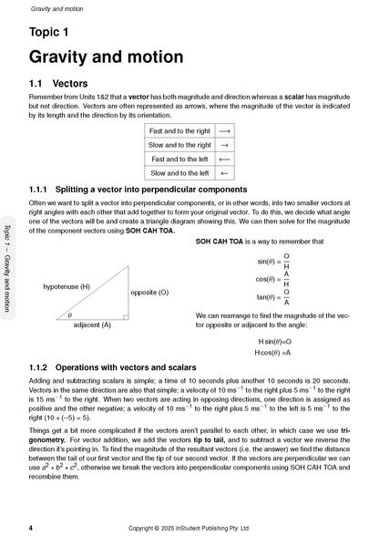 QCE Physics 3&4 Complete Course Notes by ATAR Notes, a page detailing vectors, gravity, motion, and trigonometry with diagrams.