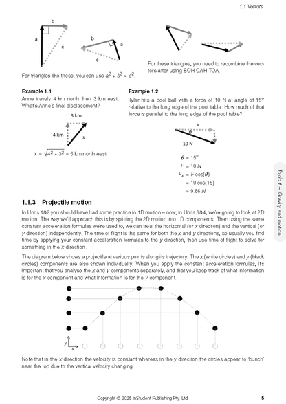 QCE Physics 3&4 Complete Course Notes by ATAR Notes, displaying a page with vector diagrams, math examples, and a projectile motion graph.