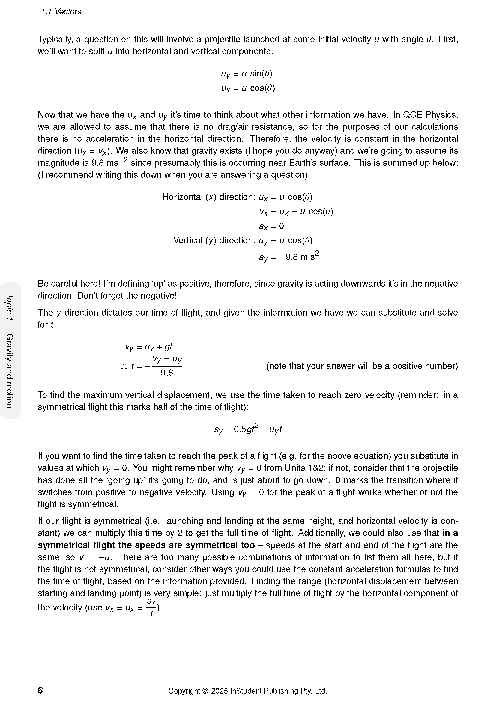 Course notes by ATAR Notes, displaying physics equations and explanatory text on projectile motion from a page titled "1.1 Vectors".