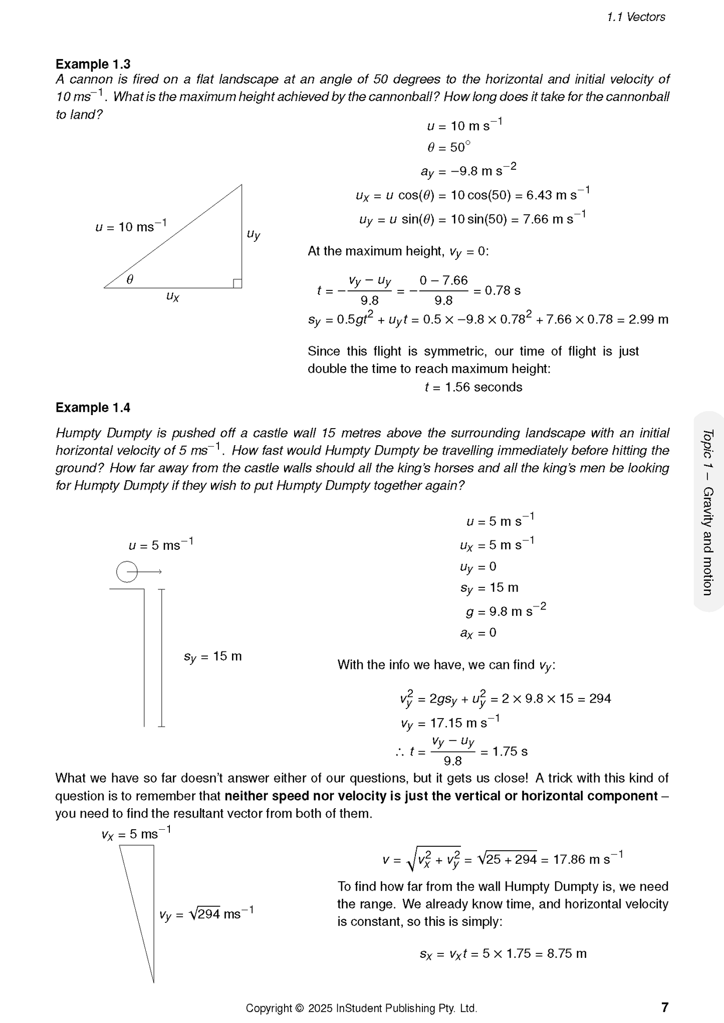 Physics Course Notes (2026-2028) by ATAR Notes, showing two example problems on vectors and gravity with diagrams and calculations.