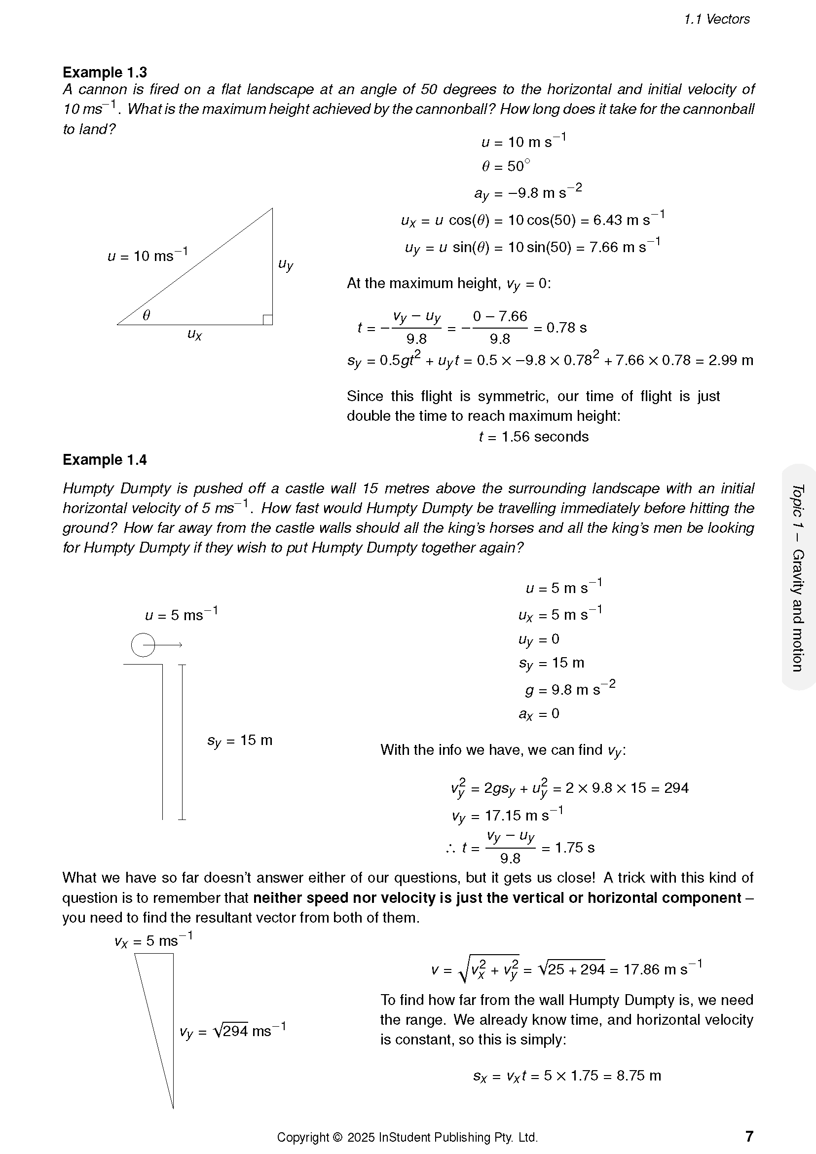 Physics Course Notes (2026-2028) by ATAR Notes, showing two example problems on vectors and gravity with diagrams and calculations.