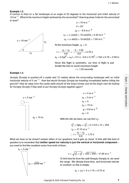 Physics Course Notes (2026-2028) by ATAR Notes, showing two example problems on vectors and gravity with diagrams and calculations.
